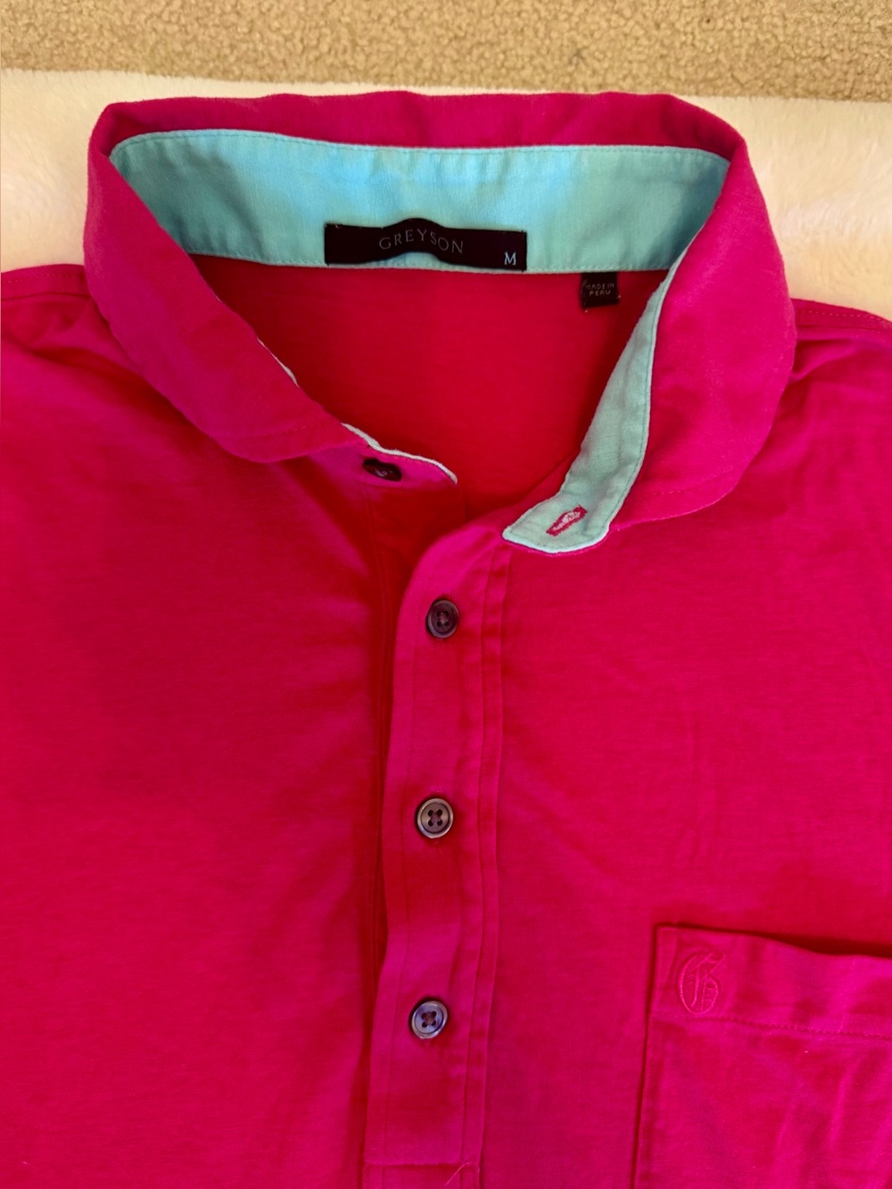 Greyson Men's Pink Polo, Aqua collar w/ chest pocket